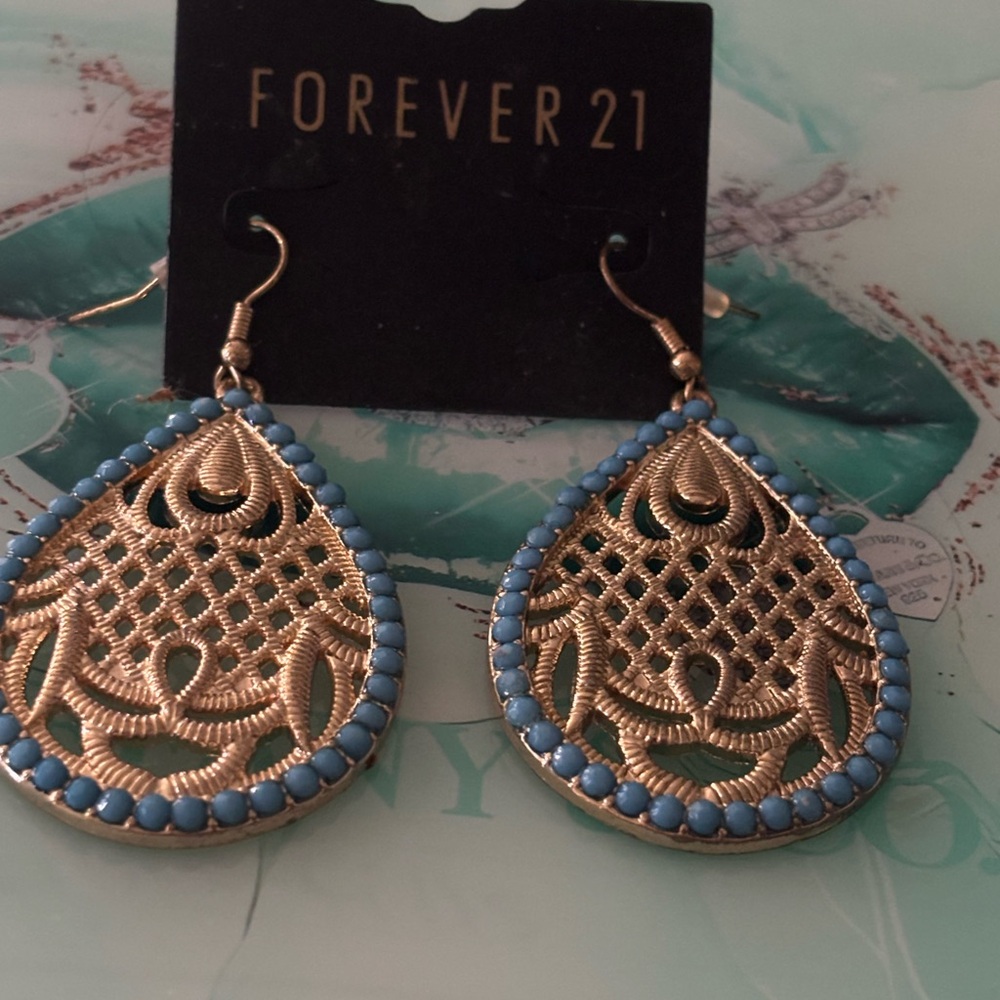 Forever 21 Gold and Blue Teardrop Earrings